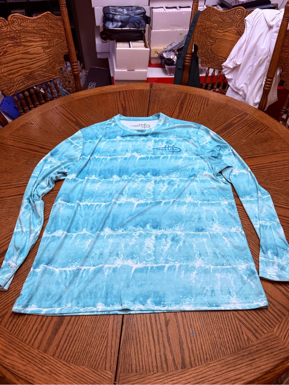 Reel Life Light Turquoise Wave Print Performance Tee